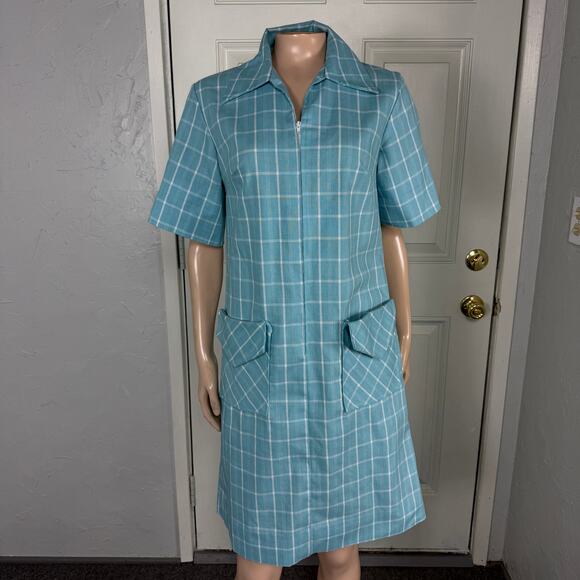 Vintage 60s 70's Sears Zip Dash House Women's Dress 10 Cotton Pockets Plaid V7 - Picture 1 of 6